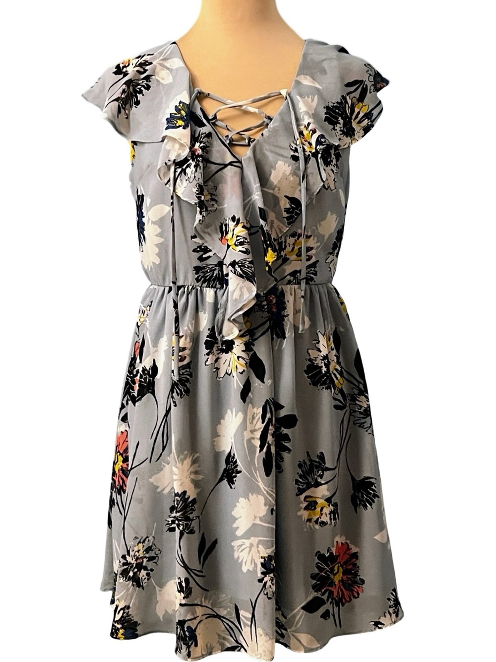 Xhilaration Blue Floral Lace-Up Ruffle Mini Dress